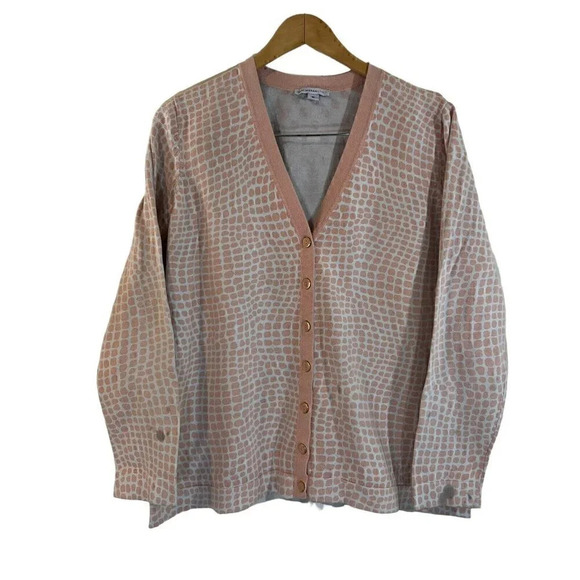 Isaac Mizrahi Spotted Cardigan Sweater Size XL V Neck Pink and White Long Sleeve - Picture 1 of 6